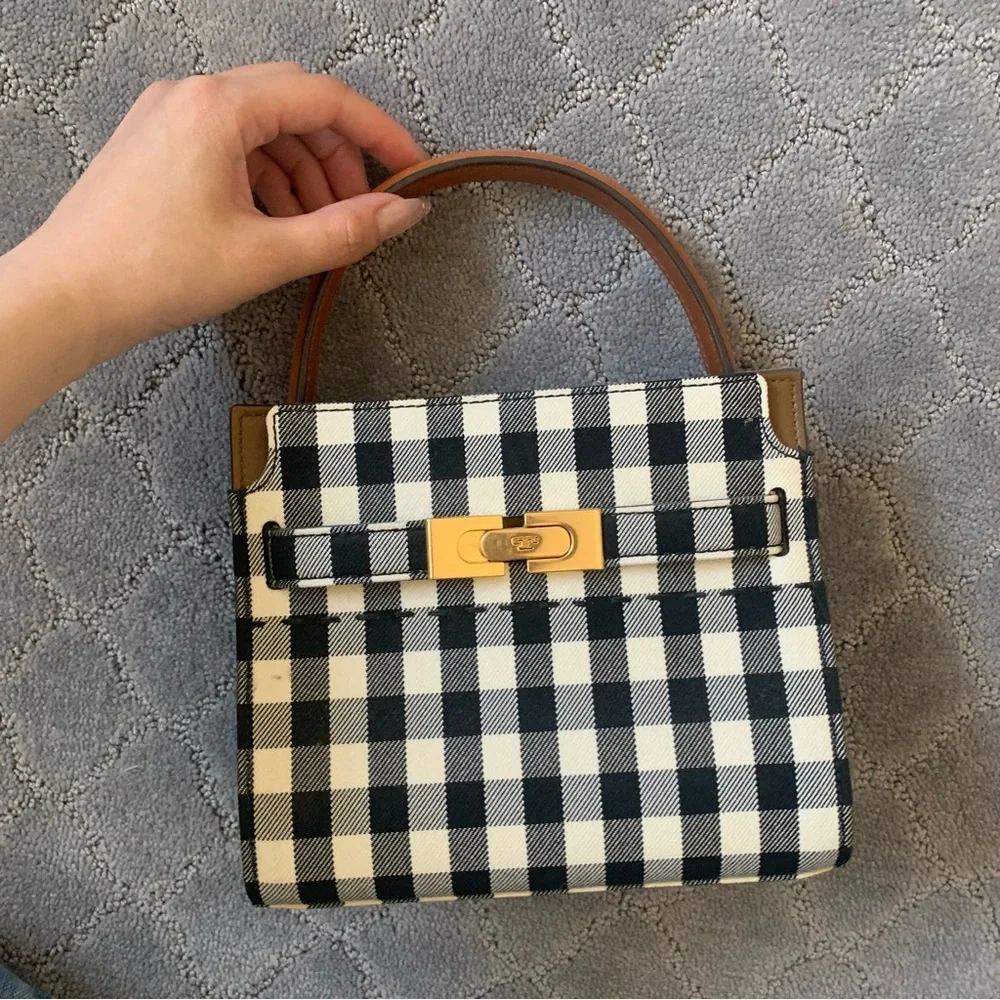Tory Burch Black & White Gingham Top-Handle Satchel with Brown Trim - Picture 3 of 5
